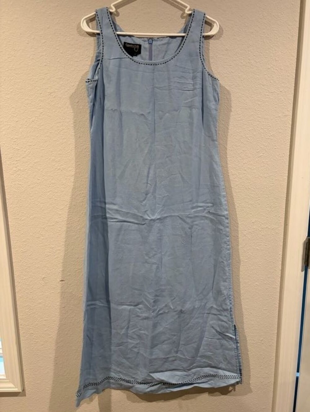 Country Shop Womens 100% Linen Blue Denim Chambray Embroidered Trim Midi Dress 8